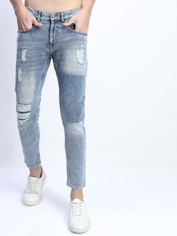 HIGHLANDER - Men Blue Tapered Fit Highly Distressed Heavy Fade Stretchable Jeans