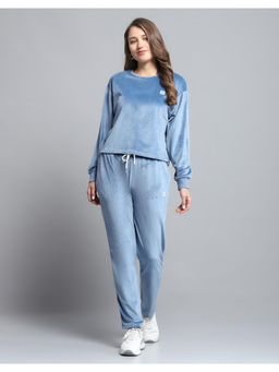 Rock.it - Women Solid Blue Round Neck Full Sleeve Top With Track Pant