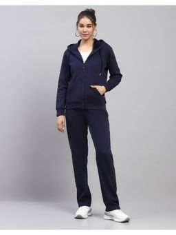 Monte Carlo - Women Solid Navy Blue Hooded Neck Full Sleeve Hoodie With Track Pant
