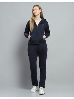 Monte Carlo - Women Printed Navy Blue Hooded Neck Full Sleeve Hoodie With Track Pant