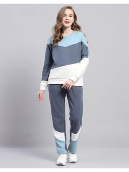 Monte Carlo - Women Colorblock Blue Round Neck Full Sleeve Sweat Shirt With Trackpant