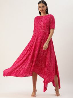 Ethnovog - Ready To Wear Pink Bandhani Printed Rayon Dress