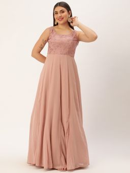 Ethnovog - Ready To Wear Pink Foil Printed Net Godet Dress