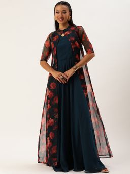 Ethnovog - Ready To Wear Multicolored Organza Jacket N Teal Blue Dress (Set of 2)