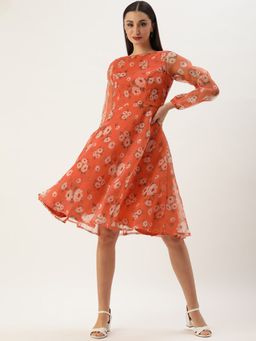 Ethnovog - Ready To Wear Orange Digital Printed Organza Dress