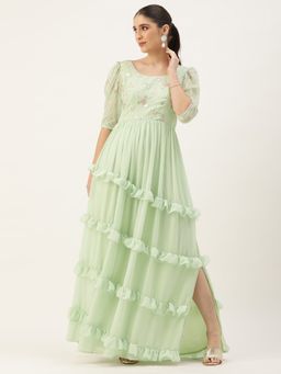 Ethnovog - Ready To Wear Green Georgette Embroidered Ruffle Maxi Dress