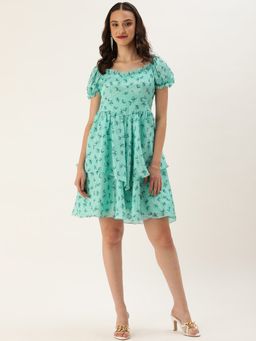 Ethnovog - Ready To Wear Mint Blue Chinon Digital Printed Dress