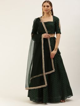 Ethnovog - Ready To Wear Bottle Green Chanderi Jacquard Lehenga (Set of 3)