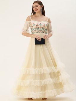 Ethnovog - Ready To Wear Off White Cotton N Net Gown