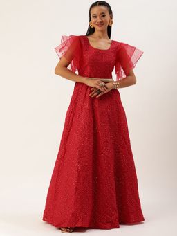 Ethnovog - Ready To Wear Dark Red Sequins Embroidered Gown