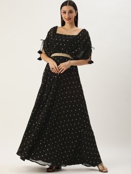 Ethnovog - Ready To Wear Black Georgette Embroidered Overlap Draped Gown