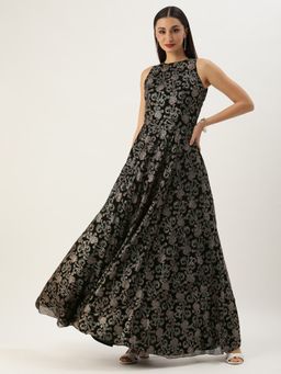 Ethnovog - Ready To Wear Black Foil Print Georgette Halter Neck Gown