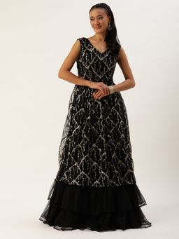 Ethnovog - Ready To Wear Black Net Embroidered V Neck Gown