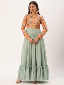 Ethnovog - Ready To Wear Multicolored Embroidered N Green Georgette Gown