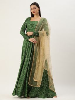 Ethnovog - Ready To Wear Green Bandhani Printed Rayon Gown With Dupatta (Set of 2)