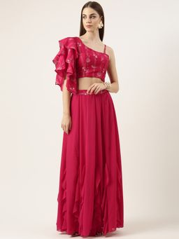 Ethnovog - Ready To Wear Pink Art Silk Foil Printed Skirt (Set of 2)