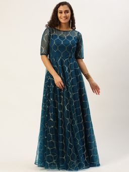 Ethnovog - Ready To Wear Blue Net Embroidered Floor Length Gown