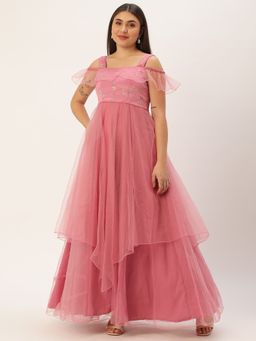 Ethnovog - Ready To Wear Pink Embroidered Georgette N Net Layered Gown