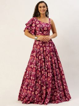 Ethnovog - Ready To Wear Maroon Art Silk Printed Skirt (Set of 2)