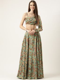 Ethnovog - Ready To Wear Green Chinon Printed Skirt (Set of 2)