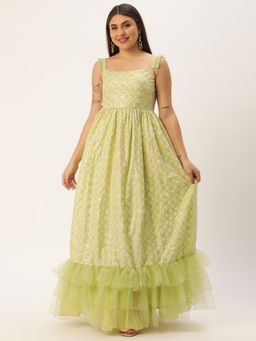 Ethnovog - Ready To Wear Green Cotton Sequins Embroidered Gown