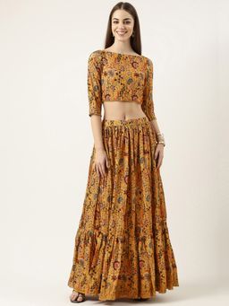 Ethnovog - Ready To Wear Yellow Chinon Foil Printed Skirt (Set of 2)