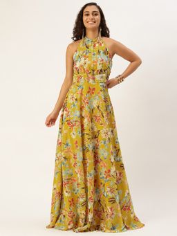 Ethnovog - Ready To Wear Yellow Printed Halter Neck Georgette