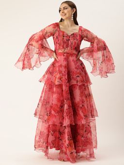 Ethnovog - Ready To Wear Orange Digital Printed Organza Layered Gown