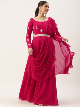 Ethnovog - Ready To Wear Dark Pink Georgette Embroidered Gown