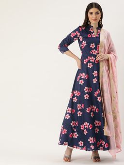 Ethnovog - Ready To Wear Blue Printed N Mauve Georgette Anarkali Suit (Set of 3)