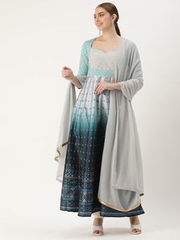 Ethnovog - Ready To Wear Blue Printed Kali N Multicolored Embroidered Anarkali Suit (Set of 3)