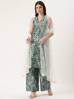 Ethnovog - Ready To Wear Sage Green Art Silk Digital Printed Top N Pant Suit (Set of 3)