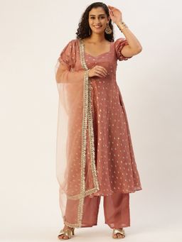 Ethnovog - Ready To Wear Peach Art Silk Foil Print Anarkali Suit (Set of 3)