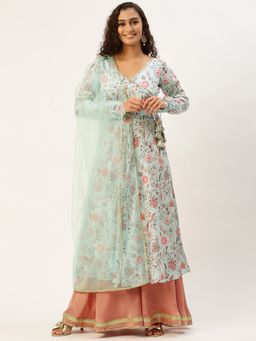 Ethnovog - Ready To Wear Pale Blue N Mauve Art Silk Sharara Suit (Set of 3)