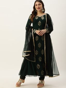 Ethnovog - Ready To Wear Green Embroidered Anarkali Suit (Set of 3)