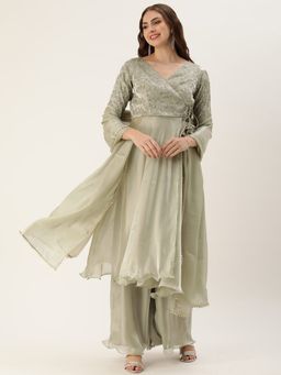 Ethnovog - Ready To Wear Grey Embroidered Organza Shaara Suit (Set of 3)