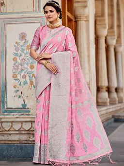 Odette - Womens Pink Linen Woven Design Saree with Unstitched Blouse