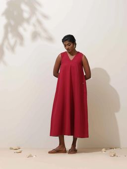 trueBrowns - Maroon Cotton Linen Dress