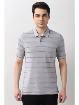 Peter England - Men Grey Stripe Polo T-Shirt