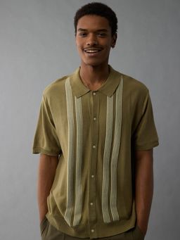 American Eagle - Men Green Button-Up Striped Shirt