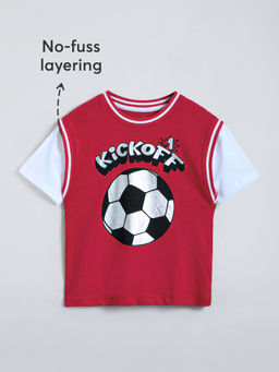 Hopscotch - Red Pure Cotton Contrast Ribbed T-shirt