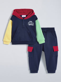 Hopscotch - Navy Blue Cotton Colorblock Hoodie & Joggers