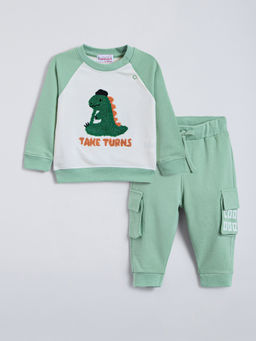 Hopscotch - Green Dino Embroidered Cotton Sweatshirt & Joggers