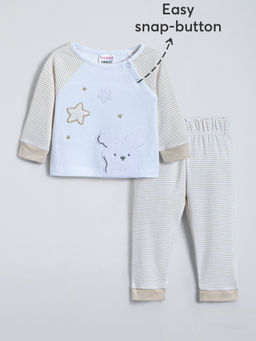 Hopscotch - Beige Teddy Applique Cotton T-shirt & Joggers