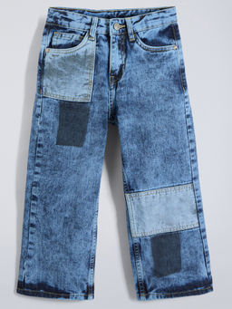 Hopscotch - Blue Patch Work Loose Fit Cotton Jeans