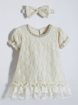 Hopscotch - Off White Lace Self Design Cotton Dress with Hairband