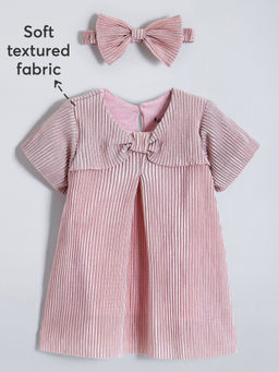 Hopscotch - Pink Bow Applique Textured Cotton Dress with Hairband