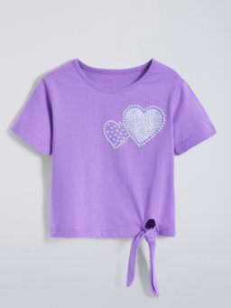 Hopscotch - Purple Heart Embellished Cotton T-shirt