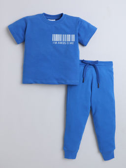 Hopscotch - Blue Typographic Cotton T-shirt and Joggers