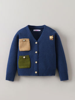 Hopscotch - Navy Blue Bear Applique Textured Sweater